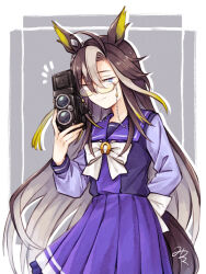1girl animal_ears arm_behind_back blonde_hair blue_eyes bow bowtie brown_hair camera commentary_request dream_journey_(umamusume) eyewear_strap glasses grey_hair hair_between_eyes hair_over_one_eye holding holding_camera horse_ears horse_girl horse_tail long_hair miroku_san-ju multicolored_hair multiple_girls purple_skirt school_uniform signature skirt solo tail tracen_school_uniform umamusume very_long_hair white_bow white_bowtie