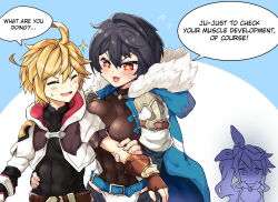 2girls ahoge assertive_female belt black_hair blonde_hair blue_background blush breast_press breasts cape celliera character_request closed_eyes coat commentary dragalia_lost elisanne english_commentary fingerless_gloves gloves grabbing_another&#039;s_arm jacket jealous large_breasts multiple_girls nails nervous open_mouth rayno red_eyes short_hair smile speech_bubble star-shaped_pupils star_(symbol) symbol-shaped_pupils two-tone_background waist_grab white_background
