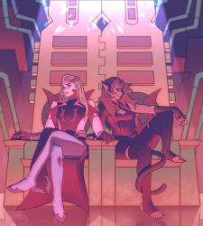 2girls adora_(she-ra) animal_ears bad_end blonde_hair brown_hair cape cat_ears cat_girl cat_tail catra crossed_legs fingernails full_body highres long_hair mondaykilly multiple_girls sharp_fingernails sharp_toenails she-ra_and_the_princesses_of_power sitting stirrup_legwear tail thighhighs throne toeless_legwear toenails bad_tag