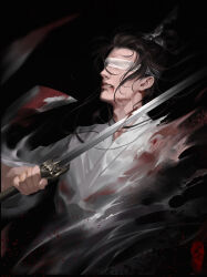 1boy black_background black_hair blindfold blood blood_from_mouth blood_on_clothes blood_stain chinese_clothes clenched_teeth commentary crying determined floating_hair hair_ornament hanfu hashtag-only_commentary headband highres holding holding_sword holding_weapon long_hair long_sleeves male_focus modao_zushi motion_blur realistic simple_background solo sword tears teeth thick_lips topknot upper_body very_long_hair weapon white_hanfu white_headband wide_sleeves xiao_xingchen ye_dian_pikaqiu