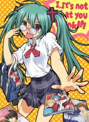 ! !! @_@ ahoge aroused_nosebleed character_request coke-bottle_glasses commentary confessions_of_a_rotten_girl_(vocaloid) copyright_request cross_hair_ornament death_note english_commentary english_text fckdup_asht fujoshi furrowed_brow glasses hair_between_eyes hair_ornament hatsune_miku highres l_(death_note) leg_up open_mouth orange_background plaid_clothes plaid_skirt polka_dot polka_dot_background pornography purple_eyes shirt short_sleeves skirt standing standing_on_one_leg sweat tearing_up vocaloid white_shirt yagami_light yaoi_(object)