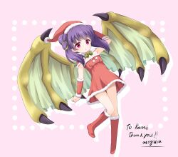 1girl absurdres alternate_costume arm_at_side arm_behind_head arm_up armpits boots bow bowtie capelet detached_sleeves dragon_girl dragon_wings dress fire_emblem fire_emblem:_the_sacred_stones flat_chest full_body fur-trimmed_capelet fur-trimmed_dress fur-trimmed_sleeves fur_collar fur_trim green_bow green_bowtie green_wings hair_tie hat highres knees_up long_hair looking_at_viewer mogura2009 multi-tied_hair myrrh_(fire_emblem) nintendo outline pale_skin parted_lips pink_background purple_hair red_boots red_capelet red_eyes red_sleeves santa_costume santa_dress santa_hat short_dress simple_background sleeveless sleeveless_dress solo standing twintails wings yellow_wings