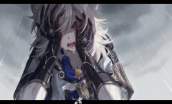 Rule 34 | 1boy, albedo (genshin impact), black gloves, blonde hair, blue shirt, brown gloves, coat, collared shirt, commentary, covering own eyes, crying, genshin impact, gloves, hair between eyes, hands up, highres, hood, hood down, hooded coat, letterboxed, male focus, march rly, medium hair, open clothes, open coat, open mouth, outdoors, overcast, parted bangs, primordial albedo, rain, shirt, short sleeves, sky, solo, symbol-only commentary, tears, teeth, two-tone gloves, upper body, vision (genshin impact), wet, white coat