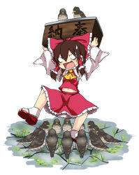 1girl ascot bird bow box brown_hair cuckoo detached_sleeves donation_box female_focus hair_bow hair_tubes hakurei_reimu holding_up japanese_clothes midriff miko nature noya_makoto open_mouth outdoors plant sandals shirt skirt solo sweatdrop touhou translation_request white_background