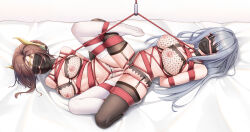 Rule 34 | 2girls, absurdres, alexandria (xenoblade), arms behind back, ball gag, barefoot, bdsm, bed sheet, black mask, black thighhighs, blindfold, bondage, bound, bound together, braid, breasts, brown hair, collar, commentary request, crotch rope, ethel (xenoblade), fishnet bra, flan ling, forehead protector, gag, grey hair, hair bun, highres, inverted nipples, lactation, large breasts, long hair, mask, mouth mask, multiple girls, nipples, pussy juice, shibari, simple background, slave, thighhighs, tribadism, variant set, white thighhighs, xenoblade chronicles (series), xenoblade chronicles 3, yuri