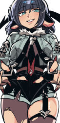 1girl absurdres animal_ears black_hair black_jacket blue_eyes blunt_bangs breasts commentary fingerless_gloves fingernails fur-trimmed_jacket fur_trim garter_straps gloves grey_pantyhose grey_thighhighs grin hair_between_eyes highres jacket jane_doe_(zenless_zone_zero) long_fingernails looking_at_viewer margare mouse_ears mouse_girl mouse_tail necktie pantyhose red_nails simple_background single_garter_strap single_leg_pantyhose single_thighhigh smile solo tail thighhighs torn_clothes torn_pantyhose torn_thighhighs white_background zenless_zone_zero