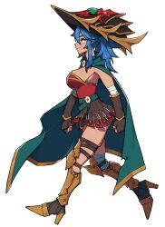1girl absurdres armor armored_boots bandaged_arm bandaged_leg bandages belt blue_hair boots breasts brown_skirt cape commentary commission dang_(runescape) duellist&#039;s_cap_(tier_6) english_commentary fingerless_gloves from_side full_body gladiator gloves glowing_hat gold_trim greaves green_belt green_cape hat high_ponytail highres leotard light_blush long_bangs long_hair medium_breasts old_school_runescape orange_eyes original poleyn ponytail red_leotard runescape second-party_source simple_background skirt smile solo spiked_ear_piercing spiked_hair sun_symbol thick_eyebrows transparent_background unexistarts walking yellow_eyes