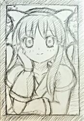 Rule 34 | 1girl, ainu clothes, arm support, breasts, fingerless gloves, gloves, hair ribbon, hand on own face, highres, long hair, looking at viewer, monochrome, nakoruru, ribbon, samurai spirits, sketch, small breasts, snk, solo, the king of fighters, traditional media