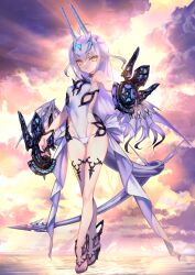 1girl ahoge arm_at_side bare_shoulders black_sandals breasts choco_(chocolate_shop) clothing_cutout covered_navel crossed_legs dragon_girl dragon_tail dragon_wings dual_wielding expressionless fate/grand_order fate_(series) fingernails full_body game_cg gradient_hair groin hair_ornament halterneck hand_up high_heel_sandals holding holding_weapon horns jewelry legs_together long_hair looking_at_viewer low_wings melusine_(fate) melusine_(swimsuit_ruler)_(fate) melusine_(swimsuit_ruler)_(second_ascension)_(fate) multicolored_hair official_art one-piece_swimsuit orange_eyes outstretched_arm parted_lips sandals side_cutout sidelocks skinny small_breasts solo swimsuit tail thighlet third-party_source toenails toes variant_set weapon weapon_request white_hair white_horns white_one-piece_swimsuit white_tail white_wings wings