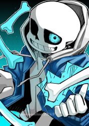 1boy artist_name black_shorts blue_eyes blue_jacket bone gloves glowing glowing_eye grin highres hinakomochiut hollow_eyes jacket looking_at_viewer male_focus sans_(undertale) shirt shorts skeleton smile solo teeth twitter_username undertale upper_body white_gloves white_shirt