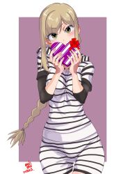 1girl artist_name blonde_hair blush box braid braided_ponytail breasts cowboy_shot dated gift gift_box head_tilt heart-shaped_box highres holding holding_gift hood hoodie ikaika0326 long_hair looking_at_viewer medium_breasts prison_clothes purple_background school_girl_strikers shirt shorts sidelocks signature simple_background single_braid solo standing striped_clothes striped_shirt thigh_gap valentine yaginuma_io yellow_eyes