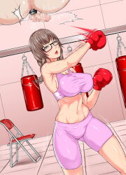 1boy 1girl aho_manten ball_busting boxing_gloves censored chair folding_chair mosaic_censoring punching punching_bag scrotum_ring shorts sports_bra