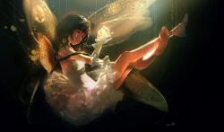 1girl absurdres barefoot black_background black_hair blurry bokeh commentary_request depth_of_field dress euroroyan fairy fairy_wings frilled_dress frilled_gloves frills full_body gloves grey_eyes highres layered_dress left_shoe_removed legs original parted_lips shoes short_hair_with_long_locks simple_background single_shoe solo string toes white_dress white_gloves wings