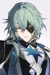 1boy anaxa_(honkai:_star_rail) aqua_hair black_jacket blue_eyes closed_mouth eyepatch highres honkai:_star_rail honkai_(series) jacket kichi_owo looking_at_viewer male_focus medium_hair side_ponytail simple_background solo upper_body white_background