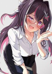 1girl azki_(hololive) bent_over black_skirt breasts brown_hair collarbone glasses grey_background highres hololive large_breasts long_hair multicolored_hair pencil_skirt pink_hair purple_eyes semi-rimless_eyewear shara_(syara_so_ju) shirt simple_background skirt solo streaked_hair under-rim_eyewear very_long_hair virtual_youtuber white_hair white_shirt