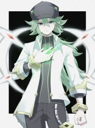 1boy black_hat black_pants black_shirt bracelet chain clenched_hand closed_mouth coat collared_coat commentary_request cowboy_shot cube gem green_eyes green_gemstone green_hair hair_between_eyes hand_on_own_chest hat highres jewelry long_hair male_focus n_(arc_suit)_(pokemon) n_(pokemon) nintendo official_alternate_costume open_clothes open_coat pants pinstripe_pattern pinstripe_shirt pokemon pokemon_masters_ex ponytail pp_imhnti22 ringed_eyes shirt sleeve_cuffs smile solo standing turtleneck very_long_hair white_coat wing_collar
