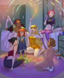 Rule 34 | 6+girls, absurdres, aisha (winx club), animal, aqua eyes, aqua shirt, asian, asymmetrical hair, bare shoulders, bed, black eyes, black hair, black pants, black shirt, blonde hair, bloom (winx club), blue overalls, blunt bangs, board game, bracelet, brown eyes, brown hair, buttons, car, carduelis, carrot, closed mouth, crossed legs, cup, dark-skinned female, dark skin, double bun, dress, eating, fireworks, flora (winx club), floral print, forehead, frilled dress, frilled shirt, frilled sleeves, frills, full body, gloves, green eyes, green shirt, green socks, hair between eyes, hair bun, hair ornament, hair ribbon, hairband, hairclip, hand on own cheek, hand on own face, happy, highres, holding, holding carrot, indoors, jewelry, kiko (winx club), kneehighs, kneeling, knees up, lipstick, long dress, long hair, long sleeves, looking at object, lying, magic, makeup, midriff, motor vehicle, mug, multicolored hair, multiple girls, musa (winx club), night, nightstand, on bed, on stomach, open mouth, orange dress, orange hair, orange hairband, overalls, pants, pink dress, pink hair, pink lips, pixie cut, playing games, pleated dress, pointy nose, puffy long sleeves, puffy sleeves, purple pants, rabbit, red eyes, red lips, red sports bra, ribbon, shirt, shirt under dress, short dress, short hair, short sleeves, signature, single hair bun, sitting, smile, socks, sports bra, stella (winx club), strapless, strapless dress, streaked hair, striped clothes, striped shirt, t-shirt, tecna (winx club), teeth, turtleneck, turtleneck dress, turtleneck shirt, two-tone hair, two-tone shirt, updo, upper teeth only, upturned eyes, very dark skin, very long hair, wavy hair, white gloves, white shirt, winx club
