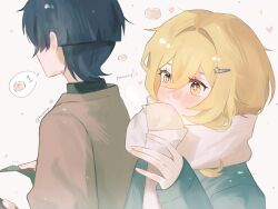 +_+ 1boy 1girl alternate_costume aqua_jacket aqua_sleeves bag steamed_bun black_hair black_undershirt blonde_hair blunt_ends blush brown_jacket casual contemporary dating english_text eyelashes food food_wrapper genshin_impact hair_between_eyes hair_intakes hair_ornament hairclip handbag hetero highres holding holding_bag jacket koyaaya long_sleeves loose_hair_strand lumine_(genshin_impact) scaramouche_(genshin_impact) scarf short_hair short_hair_with_long_locks sidelocks spoken_food spoken_number twitter_username white_background white_scarf yellow_eyes