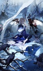 1boy absurdres ameinu bare_tree barefoot bird blonde_hair blood blood_on_clothes blue_eyes corpse crow death feathered_wings highres holding holding_knife knife looking_back male_focus original short_hair sitting snow snowing solo tree wariza wings
