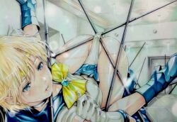1girl bishoujo_senshi_sailor_moon blonde_hair blue_eyes blue_skirt boots bow collar covered_erect_nipples earrings gem gloves highres jewelry katsu_(24791909) leotard magical_girl navel open_mouth sailor_senshi_uniform sailor_uranus short_hair skirt spread_legs sweat ten&#039;ou_haruka tiara
