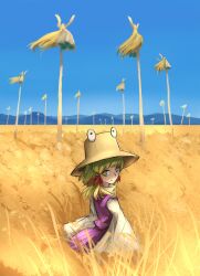 Rule 34 | 1girl, blonde hair, blue sky, brown hat, clear sky, closed mouth, commentary request, day, expressionless, hair ribbon, hat, highres, long sleeves, looking at viewer, looking back, medium hair, moriya suwako, mountainous horizon, outdoors, purple skirt, purple vest, red ribbon, ribbon, ritsuzou, scarecrow, shirt, skirt, skirt set, sky, solo, touhou, upper body, vest, wheat field, white shirt, yellow eyes