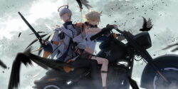 1boy 1girl absurdres animal_ears arknights bird blonde_hair commentary_request energy_wings executor_(arknights) feathers fox_ears gun halo highres material_growth motor_vehicle motorcycle oripathy_lesion_(arknights) revision sawaco_(sawaco520) shotgun vermeil_(arknights) weapon