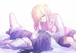 2girls absurdres black_shorts blonde_hair closed_eyes collared_shirt commentary gradient_hair grey_jacket hair_over_one_eye half-closed_eyes hand_on_another&#039;s_forehead hand_on_another&#039;s_head hibioes highres hoshino_ichika_(project_sekai) jacket knee_up leaning_to_the_side long_sidelocks looking_at_another lying multicolored_hair multiple_girls on_back pink_eyes pink_sweater_vest project_sekai purple_hair purple_shirt shirt shorts sidelocks sitting sweater_vest tenma_saki twintails white_background white_shirt white_shorts yuri