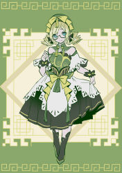 Rule 34 | 1girl, arines (brown dust), armpit crease, blonde hair, blue eyes, breasts, brown dust (series), brown dust 2, chinese clothes, closed mouth, curtsey, detached sleeves, dress, eyebrows hidden by hair, full body, glasses, green background, green dress, green footwear, green hat, green wrist cuffs, hat, hat ornament, highres, looking at viewer, meander, medium breasts, semi-rimless eyewear, smile, solo, strapless, strapless dress, tn scallion, twintails, two-tone dress, white dress, white sleeves, wrist cuffs