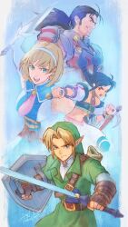 2boys 2girls armor belt black_hair bladed_tonfa blonde_hair blue_eyes brown_eyes cassandra_alexandra facial_hair green_tunic headband highres holding holding_sword holding_weapon link master_sword mitsurugi_heishirou multiple_boys multiple_girls nintendo open_mouth pointy_ears ponytail shield short_hair shoulder_belt sidelocks soul_calibur soulcalibur soulcalibur_ii stubble sword takapon-o-ji talim the_legend_of_zelda the_legend_of_zelda:_ocarina_of_time tunic twintails weapon white_headband