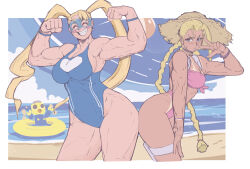 Rule 34 | 2girls, ass-to-ass, beach, blue eyes, braid, breasts, cammy white, cropped legs, domino mask, grin, hair pulled back, hat, highres, innertube, large breasts, mask, mega man (series), mega man legends (series), michel teru, multiple girls, muscular, muscular female, official alternate costume, one-piece swimsuit, rainbow mika, servbot (mega man), smile, standing, straw hat, street fighter, street fighter 6, street fighter v, swim ring, swimsuit, tan, thick thighs, thighs, toned, toned female, twin braids
