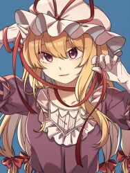 1girl blonde_hair blue_background bow dress elbow_gloves gloves hair_between_eyes hat long_hair mob_cap open_mouth purple_dress purple_eyes red_bow short_sleeves smile solo touhou unkmochi untied_ribbon upper_body watermark white_gloves yakumo_yukari