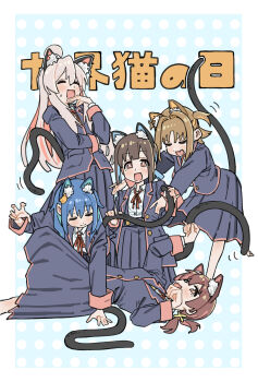 Rule 34 | 5girls, :d, animal ear fluff, animal ears, black jacket, black skirt, blue hair, brown eyes, brown hair, cat day, cat ears, cat tail, closed eyes, commentary, extra ears, fang, hair ornament, hairclip, highres, hozuki momiji, jacket, kemonomimi mode, long hair, long sleeves, low twintails, lying, multicolored hair, multiple girls, murosaki miyo, oka asahi, on back, onii-chan wa oshimai!, open mouth, orange hair, oyama mahiro, pink hair, pleated skirt, polka dot, polka dot background, ponytail, red hair, school uniform, short hair, short ponytail, simple background, skin fang, skirt, smile, symbol-only commentary, tail, tail grab, tenkawa nayuta, translated, twintails, two-tone hair, two side up, yuzuponzup