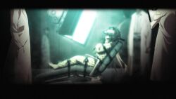 1girl 3boys ball_gag barefoot blonde_hair blurry blurry_background bound bound_arms bound_legs chaos;child constricted_pupils crossed_arms doctor feet from_behind gag gagged game_cg glass glowing hair_between_eyes hair_ribbon highres jacket lab_coat leather_strap monitor multiple_boys official_art one_side_up padded_jacket pain pink_hair reflection restrained ribbon sasaki_mutsumi screen screen_light side_ponytail sitting straitjacket toes torture wide-eyed yamazoe_uki