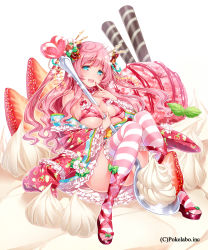 1girl bad_id bad_pixiv_id between_breasts bikini bikini_top_only blue_eyes blue_hair bow breasts dessert female_focus finger_to_mouth food food-themed_clothes frills fruit hair_bow highres hizuki_akira ice_cream in_food japanese_clothes large_breasts long_hair matching_hair/eyes mini_person minigirl official_art open_mouth original oversized_object person_between_breasts pink_hair sengoku_gensoukyoku simple_background sitting smile solo sparkle spoon strawberry striped_clothes striped_thighhighs swimsuit thighhighs whipped_cream white_background