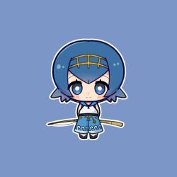 1girl :&gt; arms_behind_back blue_background blue_eyes blue_hair blue_pants blush blush_stickers bright_pupils chibi closed_mouth eyelashes fishing_rod full_body hairband highres holding holding_fishing_rod jatarism07 lana_(pokemon) nintendo no_sclera outline pants pokemon pokemon_sm shirt short_hair simple_background sleeveless sleeveless_shirt smile solo standing white_outline white_pupils white_shirt yellow_hairband