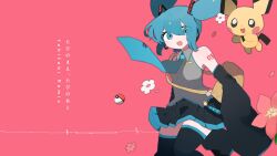 1girl :d absurdres bag bare_shoulders black_sleeves black_thighhighs blue_eyes blue_hair blue_trim cardiogram collared_shirt cowboy_shot creatures_(company) denki_yohou_(vocaloid) detached_sleeves flower frilled_shirt frills game_freak gen_2_pokemon grey_shirt hair_between_eyes hair_ornament hatsune_miku highres long_hair looking_at_viewer necktie nintendo nukunuku_nigirimeshi number_tattoo official_art open_mouth petals pichu pink_background pink_flower poke_ball poke_ball_symbol pokemon pokemon_(creature) project_voltage second-party_source shirt shoulder_bag simple_background skirt sleeveless sleeves_past_fingers sleeves_past_wrists smile solo song_name tabi_no_mae_tabi_no_ato_(vocaloid) tattoo thighhighs tie_clip twintails vocaloid white_flower yellow_bag