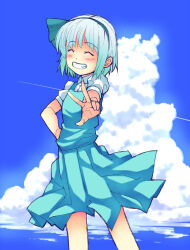 1girl ^_^ blue_sky blush closed_eyes cloud cowboy_shot cumulonimbus_cloud dress facing_viewer green_dress green_hairband grey_hair grin hairband hand_on_own_hip ikuya@ konpaku_youmu outstretched_arm puffy_short_sleeves puffy_sleeves shirt short_hair short_sleeves sky smile solo touhou w white_shirt