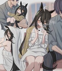 1boy 1girl absurdres alternate_costume animal_ears bare_shoulders black_hair black_socks blush cardigan cardigan_on_shoulders carrying closed_mouth coffee_mug cup dress finger_to_mouth from_side grey_jacket grey_pants hair_between_eyes head_on_another&#039;s_shoulder highres holding holding_cup horse_ears horse_girl horse_tail jacket kneehighs leogust long_bangs long_hair manhattan_cafe_(umamusume) mug no_eyes pants princess_carry purple_hair short_hair shushing sidelocks sleeves_rolled_up smile socks tail tail_wrap textless_version trainer_(umamusume) umamusume very_short_hair white_dress yellow_cardigan yellow_eyes
