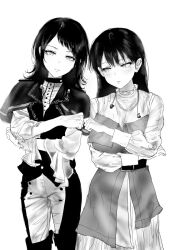 Rule 34 | 2girls, bang dream!, bang dream! it&#039;s mygo!!!!!, blush, capelet, closed mouth, finger touching, greyscale, highres, long hair, long sleeves, medium hair, mole, mole under eye, monochrome, multiple girls, pants, photo-referenced, shiina taki, simple background, three-quarter sleeves, timoris (bang dream!), two-tone pants, virtualkanozo, white background, yahata umiri