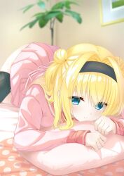 1girl argyle_clothes argyle_thighhighs black_hairband black_thighhighs blonde_hair blue_eyes blurry blurry_background blush chitose_sana clenched_hands closed_mouth commentary crossed_bangs double_bun eyes_visible_through_hair hair_between_eyes hair_bun hair_intakes hair_over_shoulder hair_spread_out hairband head_on_pillow hirocchi indoors long_hair looking_at_viewer miniskirt on_bed pillow pink_serafuku pink_shirt pink_skirt pleated_skirt red_sailor_collar sailor_collar school_uniform serafuku shirt skirt sleeves_past_wrists smile solo split_mouth tenshinranman thighhighs top-down_bottom-up two_side_up