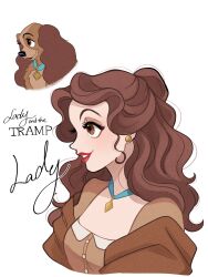 Rule 34 | 1girl, animification, blue eyes, brown eyes, brown hair, dog, dress, highres, humanization, lady (disney), lady and the tramp, long hair, moko eaka, open mouth, personification, reference inset, simple background, smile, wavy hair