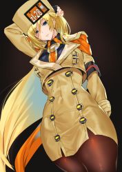 1girl adjusting_hair ashiomi_masato black_background black_gloves blonde_hair blue_eyes brown_coat coat cowboy_shot eyes_visible_through_hair female_focus fingerless_gloves fur_hat gloves guilty_gear guilty_gear_strive hat long_hair millia_rage pantyhose peacoat simple_background solo standing ushanka