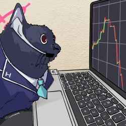 absurdres animal_ears animalization aqua_necktie blue_archive cat cat_ears chart collared_shirt commentary_request computer halo headset highres id_card laptop looking_at_screen necktie no_humans photo-referenced pink_halo red_eyes serika_(blue_archive) shirt twitter_username ueha_deka upper_body white_shirt