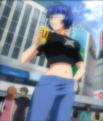 00s blue_hair breasts drinking_straw eyepatch highres ikkitousen ikkitousen_dragon_destiny large_breasts midriff mole mole_under_mouth navel ryomou_shimei stitched third-party_edit