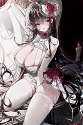 1girl absurdres amu1207 arm_behind_head arm_between_legs arm_up bare_shoulders black_hair blush breasts candle cleavage collarbone commentary_request desk dress flower gem goddess_of_victory:_nikke hair_between_eyes hair_ornament highres indoors large_breasts long_hair looking_to_the_side mihara_(bonding_chain)_(nikke) mihara_(bonding_chain)_(pain_eater)_(nikke) mihara_(nikke) mirror on_desk red_flower red_gemstone red_rose rose sitting smile solo sweat table thighhighs thighs thorns torn_clothes torn_thighhighs very_long_hair white_dress white_thighhighs