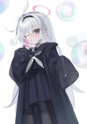 1girl absurdres black_choker black_coat black_hairband black_sailor_collar black_serafuku black_shirt black_skirt blowing blue_archive bow bubble bubble_wand choker coat gimgodttule hair_over_one_eye hairband halo highres holding long_hair long_sleeves looking_at_viewer neckerchief open_mouth pantyhose pastel_colors plana_(blue_archive) red_halo sailor_collar school_uniform serafuku shirt skirt standing white_background white_bow white_hair white_neckerchief