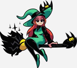 Rule 34 | 1girl, bat (animal), black eyes, black pantyhose, broom, broom riding, commentary, dress, english commentary, full body, green dress, green hat, green shoes, hat, highres, long hair, long sleeves, melusine (series), melusine anoukian, orange hair, pantyhose, shoes, sidelocks, simple background, smile, sparkle, white background, witch, witch hat, zabelrockdesign