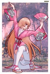1girl blonde_hair blue_eyes emilie_de_rochefort hand_fan japanese_clothes long_hair namco nialistically sandals tekken tekken_8 thighhighs tree wide_sleeves