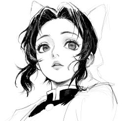 1girl back_bow black_hair bow collar greyscale hair_bow inoitoh jacket kimetsu_no_yaiba kochou_shinobu lips looking_ahead monochrome multicolored_eyes open_clothes open_jacket parted_bangs parted_lips portrait raised_eyebrows sidelocks simple_background sketch solo white_background white_jacket