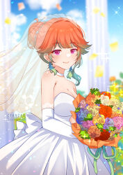 Rule 34 | 1girl, absurdres, bare shoulders, blue flower, blue rose, blue sky, bouquet, braid, braided bun, breasts, bridal veil, choker, cleavage, closed mouth, cyanzan, dress, elbow gloves, flower, gloves, gradient hair, green hair, hair bun, highres, holding, holding bouquet, hololive, hololive english, large breasts, looking at viewer, multicolored hair, off-shoulder dress, off shoulder, orange flower, orange hair, orange rose, pillar, pink flower, pink rose, purple eyes, red flower, red rose, rose, sky, smile, solo, takanashi kiara, upper body, veil, virtual youtuber, wedding dress, white choker, white dress, white gloves, yellow flower, yellow rose